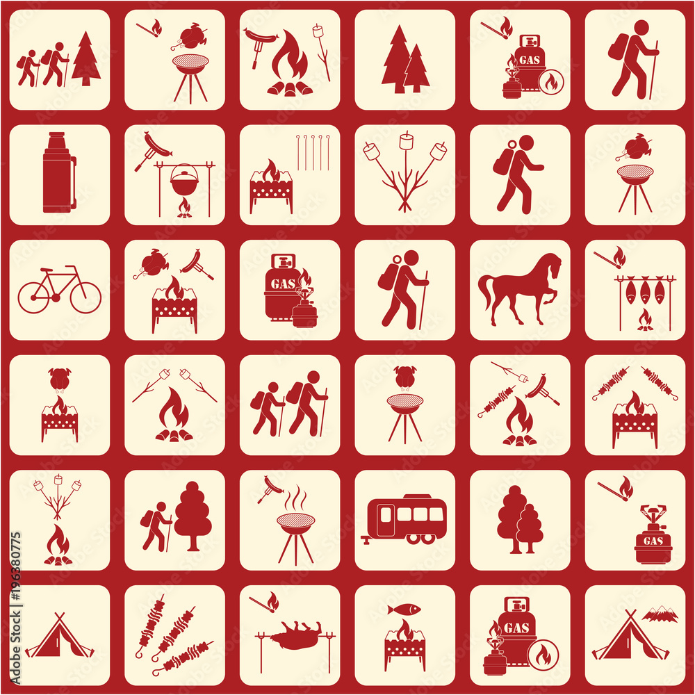Set of travel and camping equipment icons Set of travel and camping equipment icons