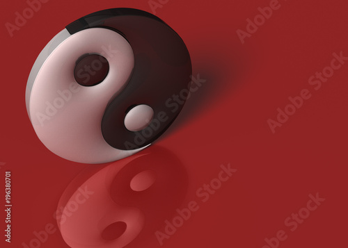 3D Illustration. A yin yang sign on a red background