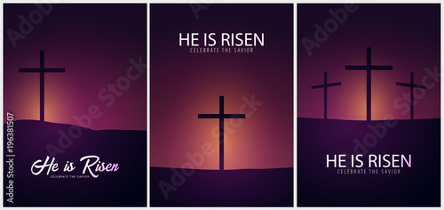 He is Risen. Celebrate the savior. Set of Easter Church posters with cross, christian motive. Vector illustration