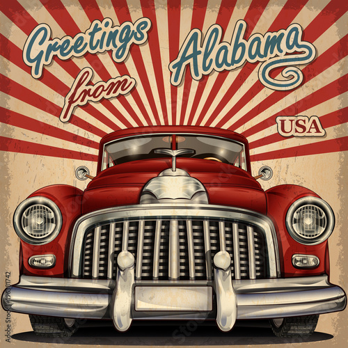 Vintage touristic greeting card with retro car.Alabama.