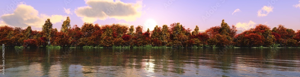 autumn landscape, autumn trees over the water at sunset, banner
3D rendering
autumn landscape, autumn trees over the water at sunset, banner
3D rendering