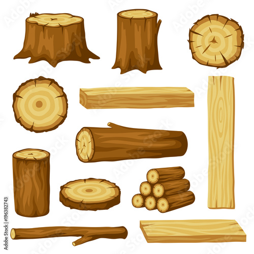 Set of wood logs for forestry and lumber industry. Illustration of trunks, stump and planks