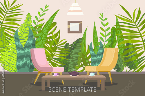 Interior template design of residential or living rooms with armchairs and a tea table on the background of wallpaper with a print of tropical plants and leaves, cartoon style, isolated, vector