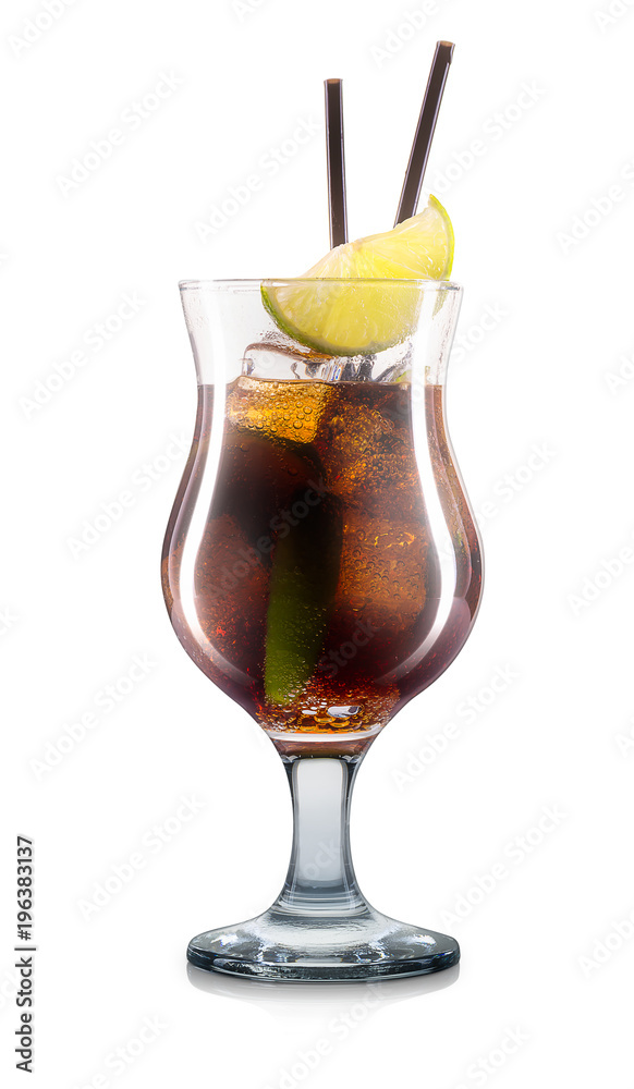 Cuba libre cocktail or mocktail in classical glass with lime, ice and black straw isolated on white background. Clipping path Cuba libre cocktail or mocktail in classical glass with lime, ice and black straw isolated on white background. Clipping path
