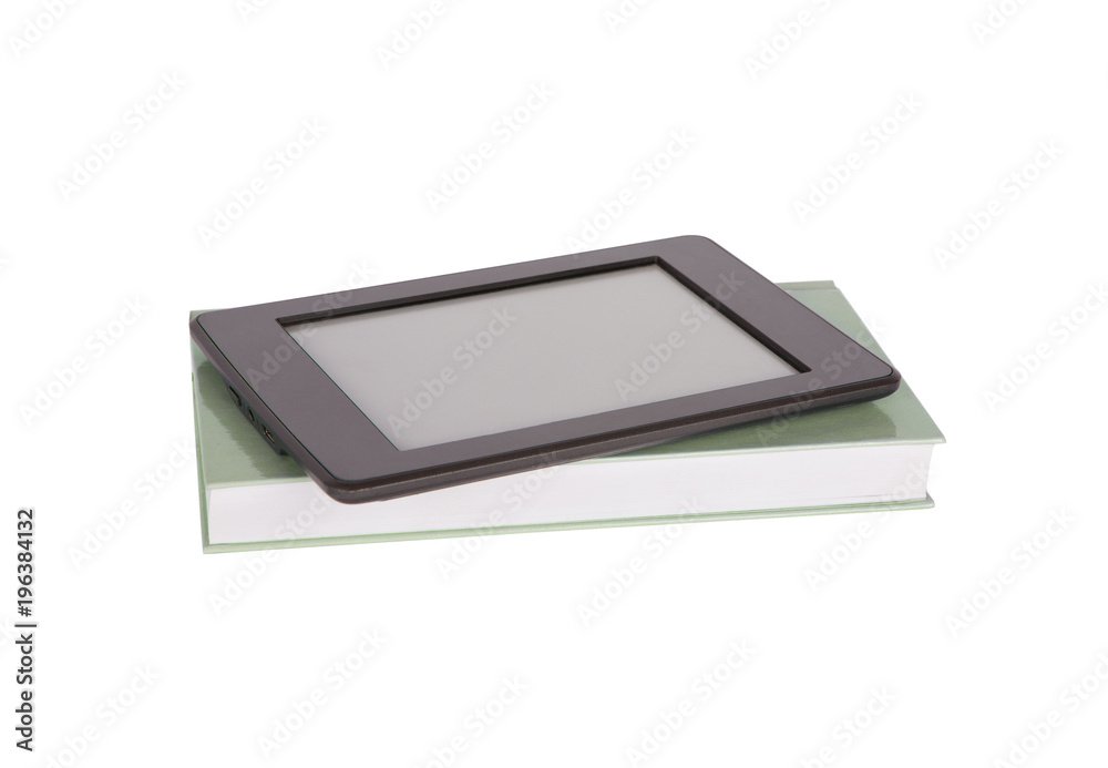 Ebook reader tablet with blank screen and a paper book. Isolated on white. Ebook reader tablet with blank screen and a paper book. Isolated on white.