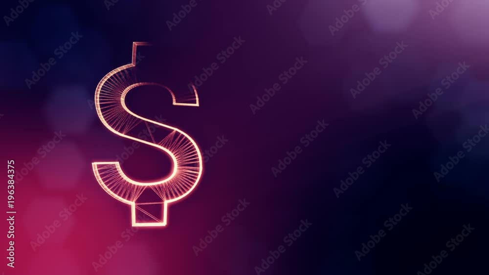 dollar sign or dollar icon. Finance background of luminous particles. 3D loop animation with depth of field, bokeh and copy space for your text. Violet color v2 dollar sign or dollar icon. Finance background of luminous particles. 3D loop animation with depth of field, bokeh and copy space for your text. Violet color v2