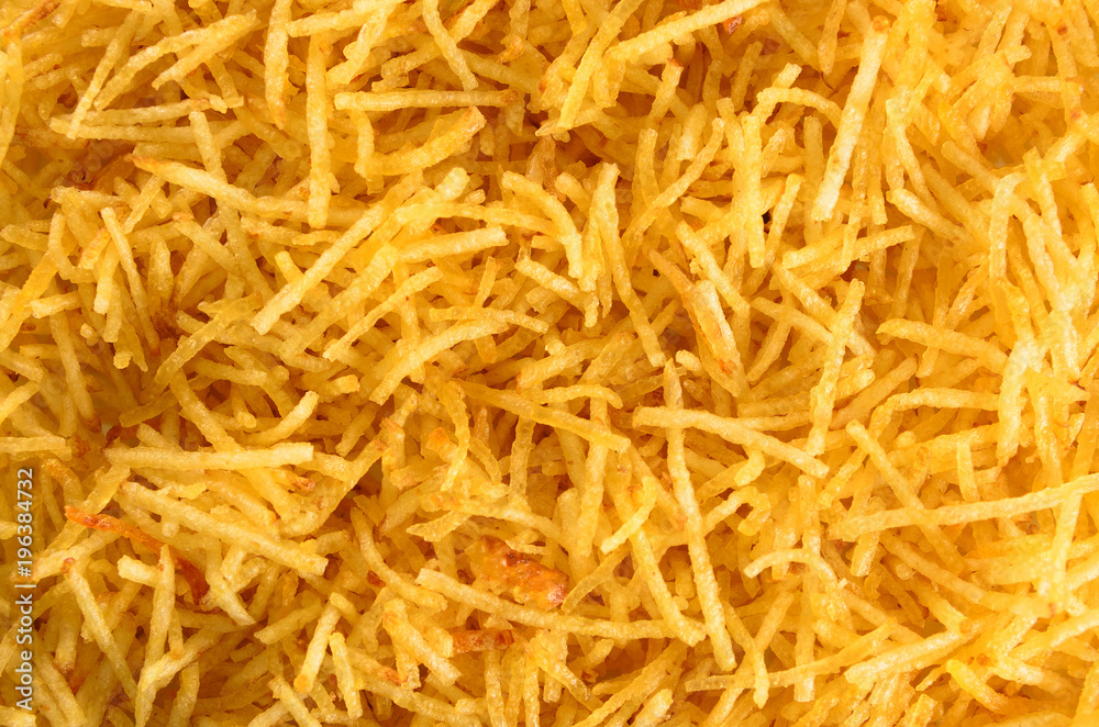 Texture of shoestring potato sticks. Fried potato, thin sticks. Also known as Batata Palha in Brazil.