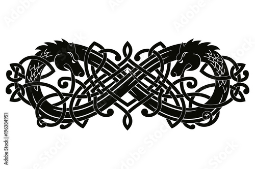 Celtic two-headed dragon with national ornament intertwined ribbon isolated on white background.