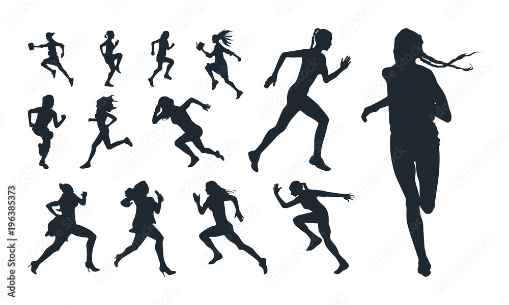 set of Various Girl running silhouette vector illustration