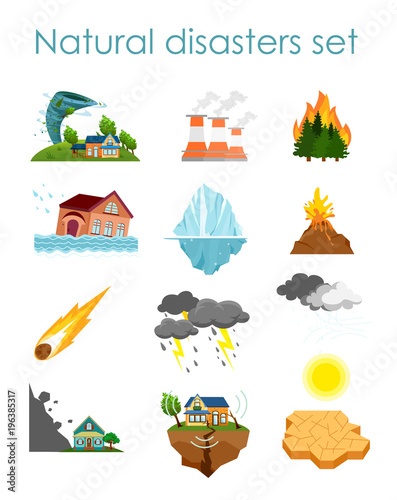 Vector illustration set of color icons natural disasters isolated on white background, collection of elements storm, fire and hurricane.