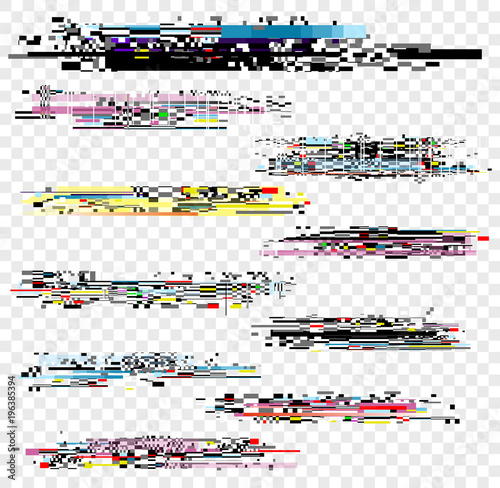 Vector illustration set of noise effect, decay signal glitch elements isolated on white background. Grunge monitor and Tv screen problems set.