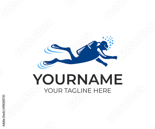 Scuba diver with underwater equipment logo template. Diving club vector design. Underwater diver illustration