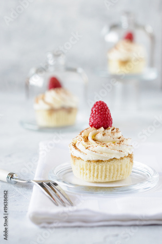 Raspberry cupcake on plate photo