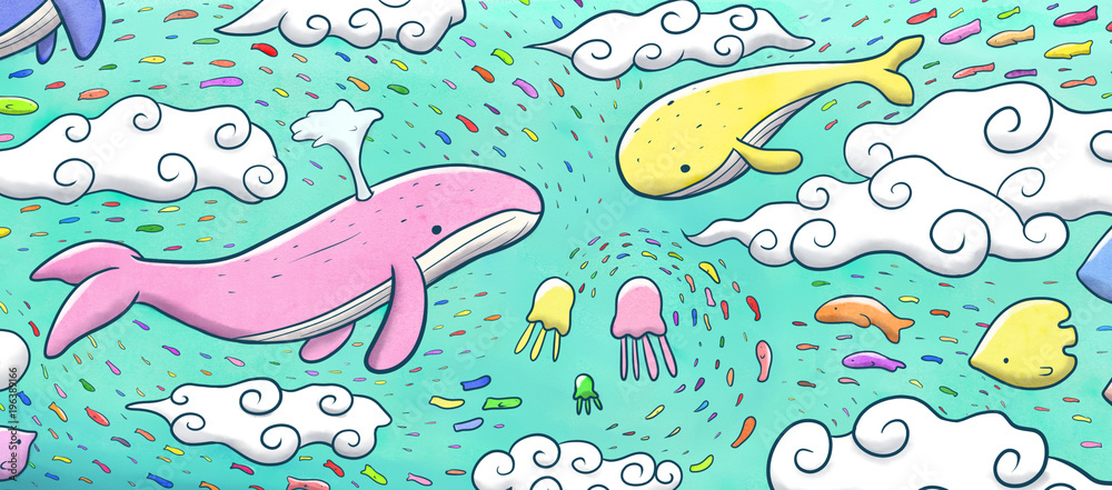 Whales and fishes flying in the sky Whales and fishes flying in the sky