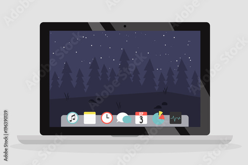 Night forest, computer wallpaper. Copy space. Template. Flat editable vector illustration, clip art