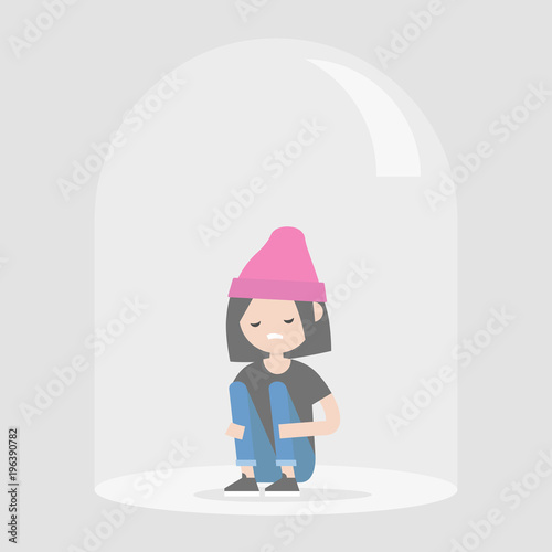 Young upset female character sitting under the glass dome. Introvert. Depression. Flat editable vector illustration, clip art