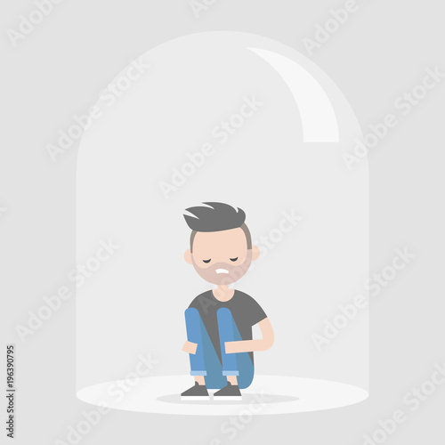 Young upset character sitting under the glass dome. Introvert. Depression. Flat editable vector illustration, clip art