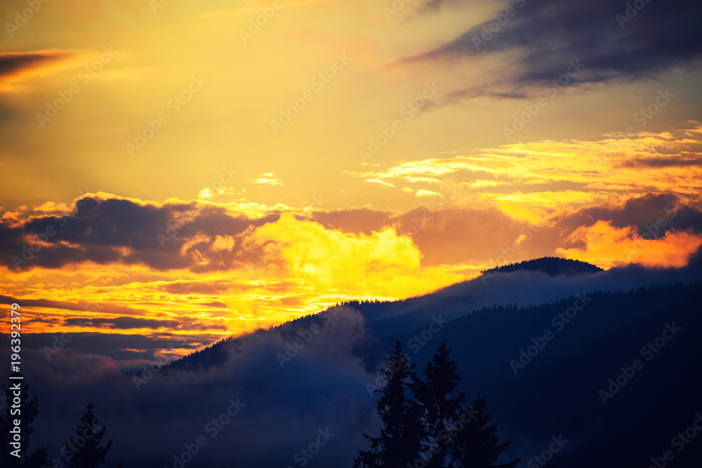 Sunset in the mountains. Location Carpathian, Ukraine.