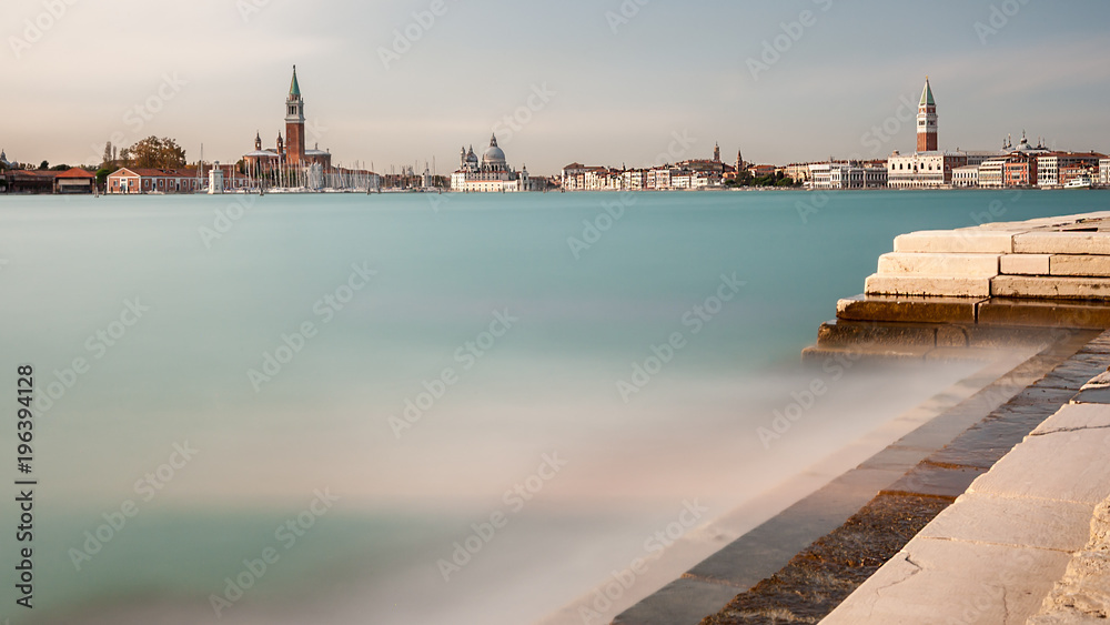 Panoramic view of Venice, long exposure, on a sunny day in autumn