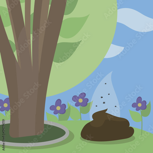 little brown vector of a pile of excrement under a green bush in a park illustration