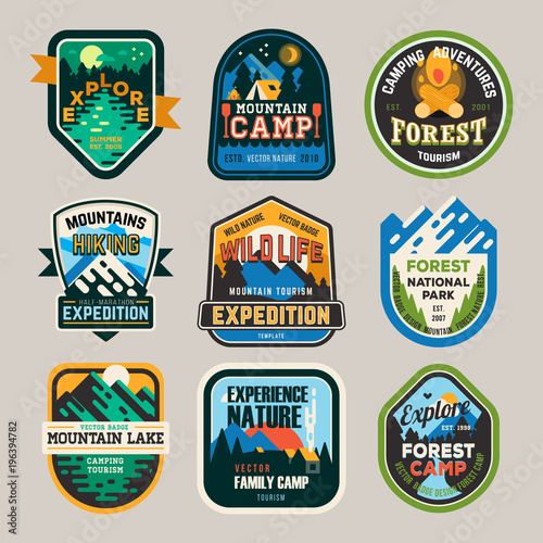 Isolated signs, logo for camping club, exploration