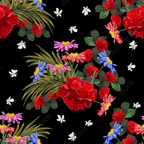 Seamless background with cute garden flowers.Design for cloth, wallpaper, gift wrapping. Print for silk, calico, home textiles.Vintage natural pattern.
