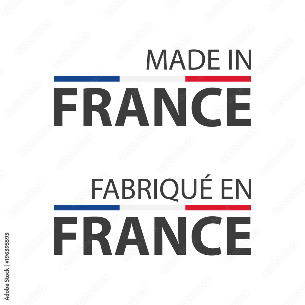 Two simple vector symbols Made in France, in the French language – Fabrique en France, simple vector symbols with French tricolor isolated on white background
