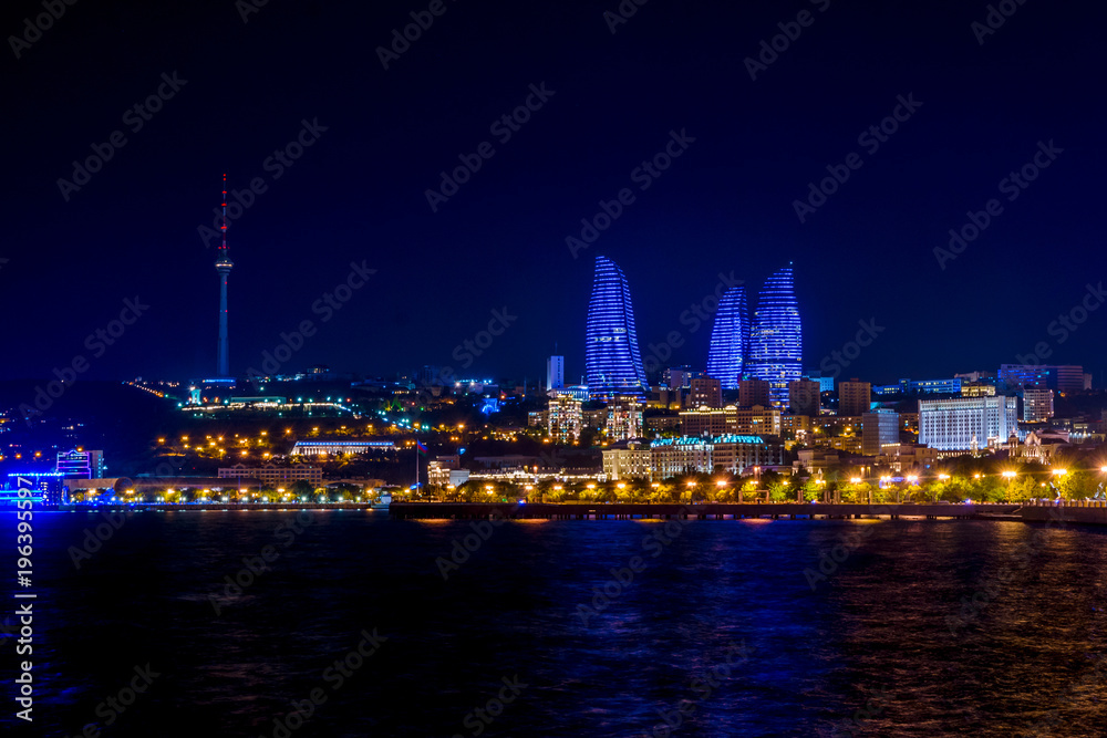 Fototapeta premium Baku downtown and flame towers at night