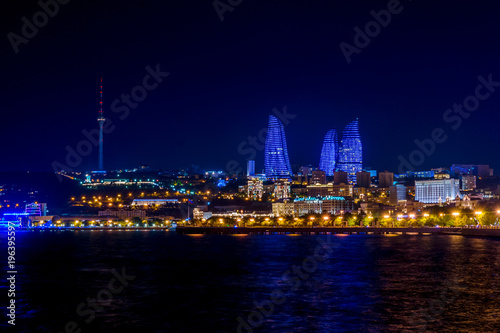 Baku downtown and flame towers at night