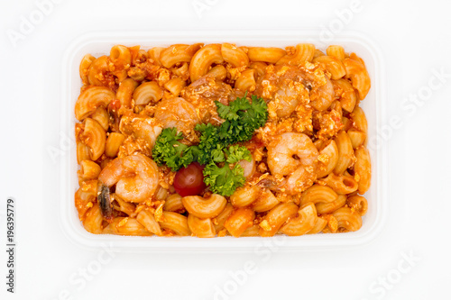 Cost-up Stir fried macaroni with prawn  box set isolated on white background. It copy space and selection focus.