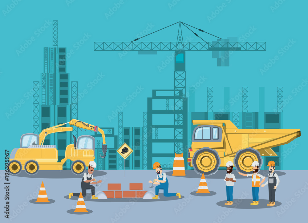 Under construction zone with builders and engineers and construction truck over blue background, colorful design vector illustration Under construction zone with builders and engineers and construction truck over blue background, colorful design vector illustration