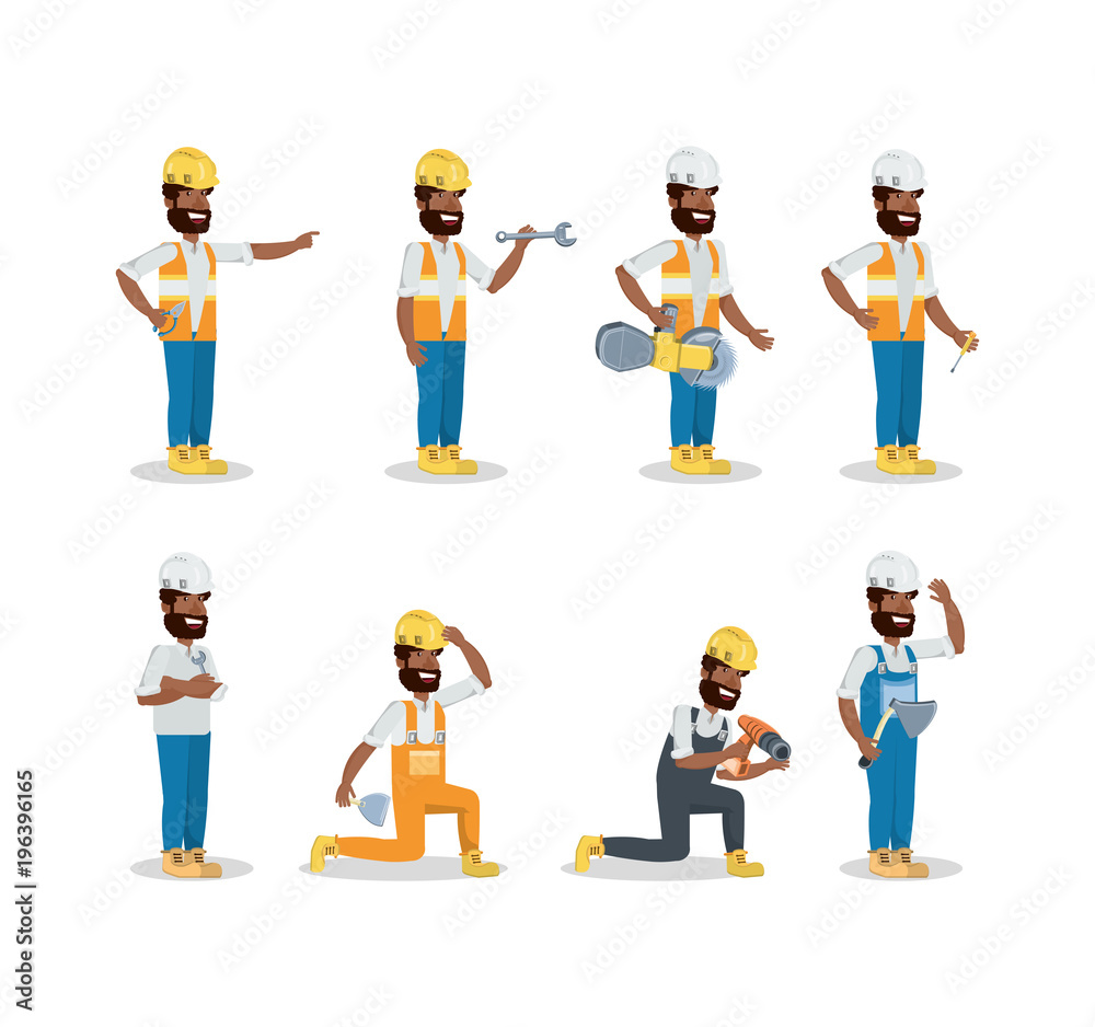 Icon set of construction builders with tools over white background, colorful design vector illustration