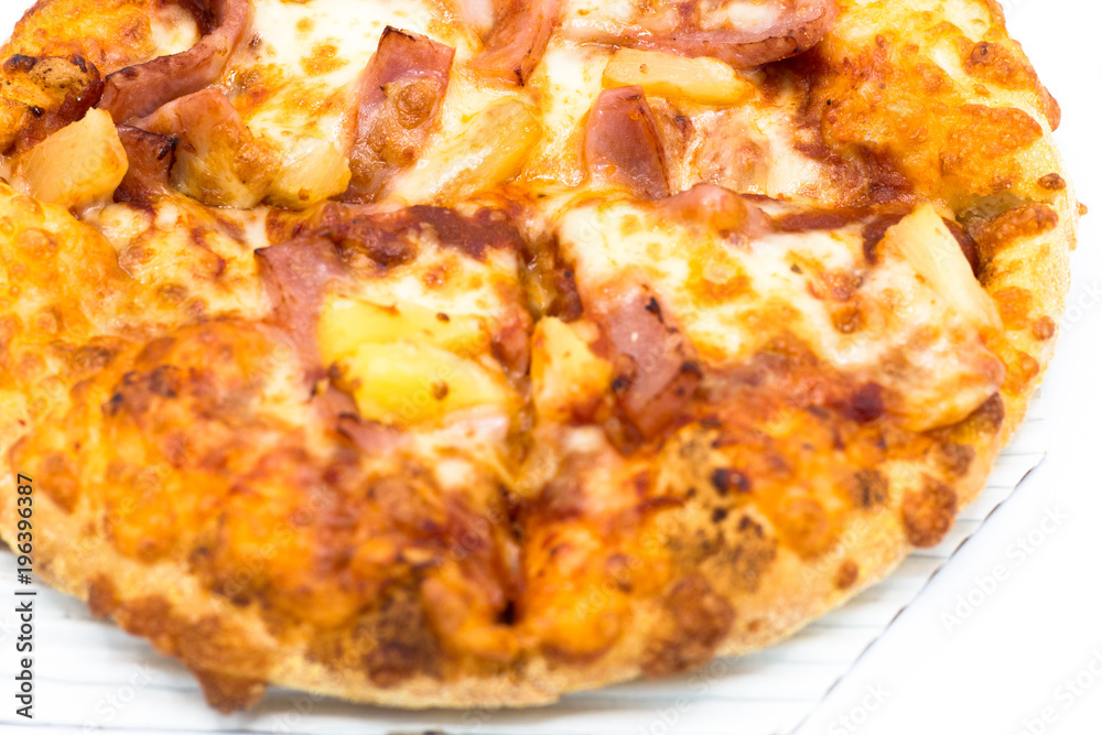 Cost-up Hawaiian pizza box set isolated on white background. It copy space and selection focus. Cost-up Hawaiian pizza box set isolated on white background. It copy space and selection focus.