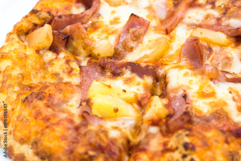 Cost-up Hawaiian pizza box set isolated on white background. It copy space and selection focus. Cost-up Hawaiian pizza box set isolated on white background. It copy space and selection focus.