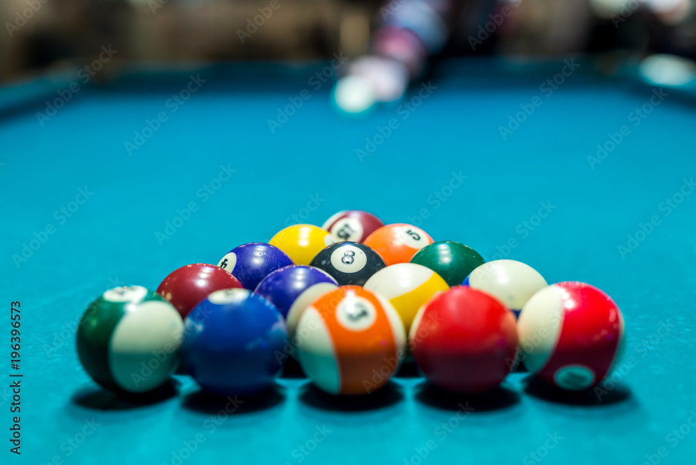 Billiard balls in triangle shape, ready to play