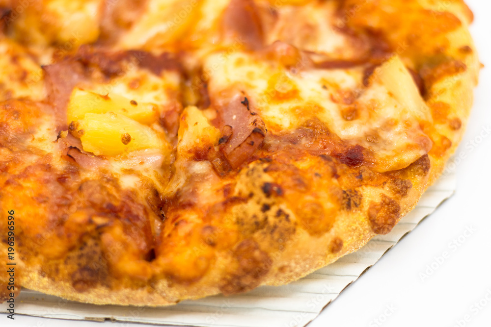 Cost-up Hawaiian pizza box set isolated on white background. It copy space and selection focus. Cost-up Hawaiian pizza box set isolated on white background. It copy space and selection focus.