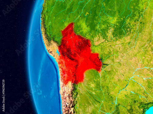 Space view of Bolivia in red