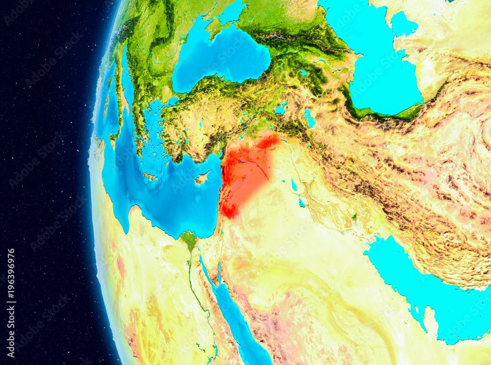 Space view of Syria in red