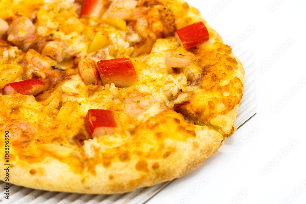 Cost-up Pizza seafood box set isolated on white background. It copy space and selection focus. Cost-up Pizza seafood box set isolated on white background. It copy space and selection focus.