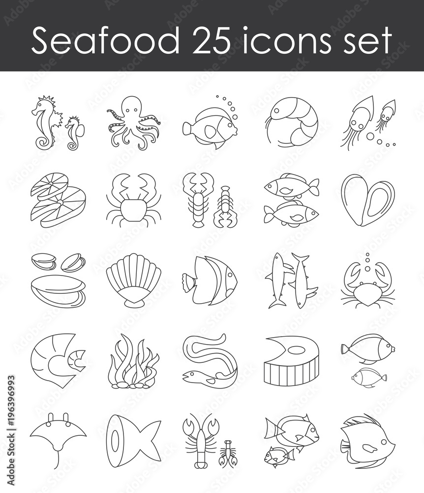 Vector illustration set of fish and seafood outline icon, collection of elegant thin line elements fish goods on white background.