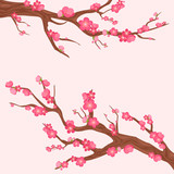 Vector illustration of japan cherry branch with blooming flowers. Sakura branches with lot of beautiful flowers on light pink background.