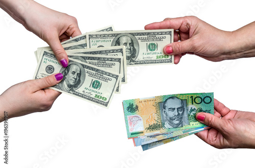 Exchanging money between american dollar  and Australian dollar isolate on white