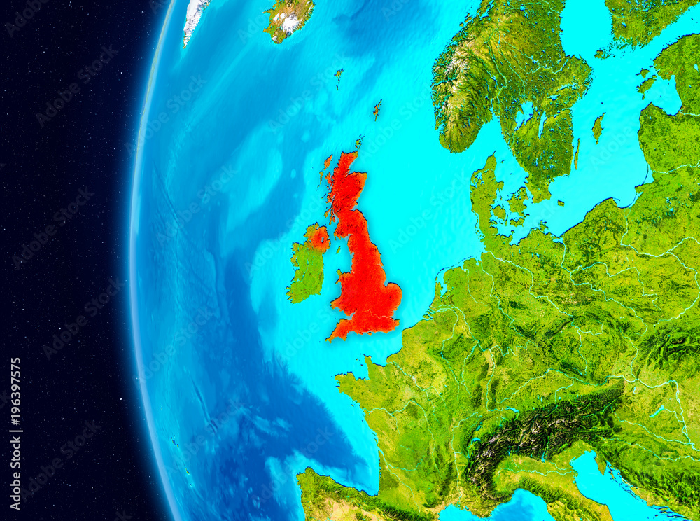 Space view of United Kingdom in red
