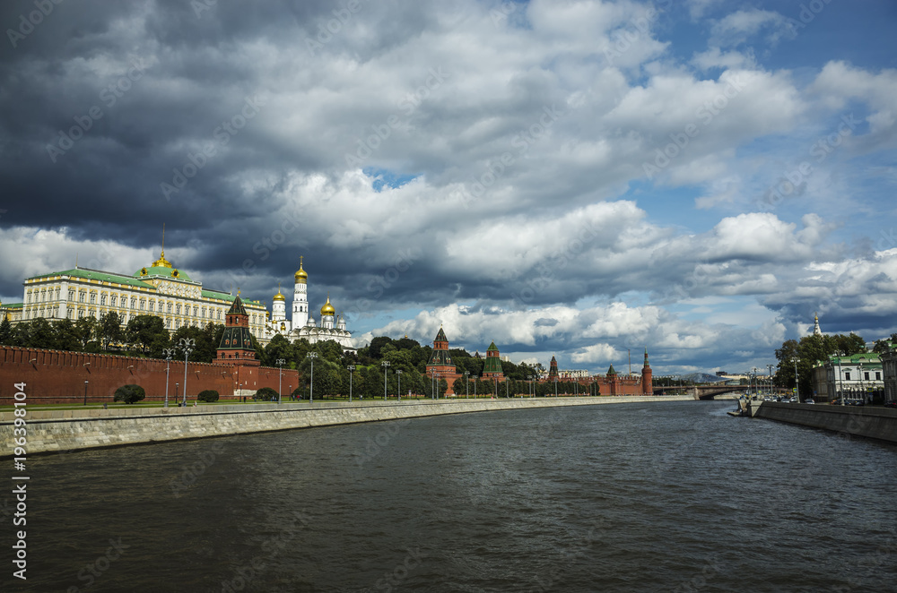 View of the Kremlin embankment and the Moscow River, Moscow, Russia
