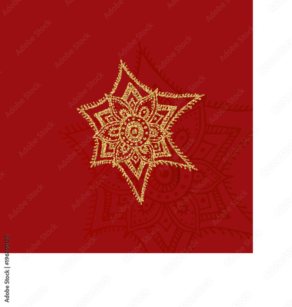 Fototapeta premium Elegant golden frame banner with gold crown, laurel wreath on ornate red background. Luxury floral background in vintage style.