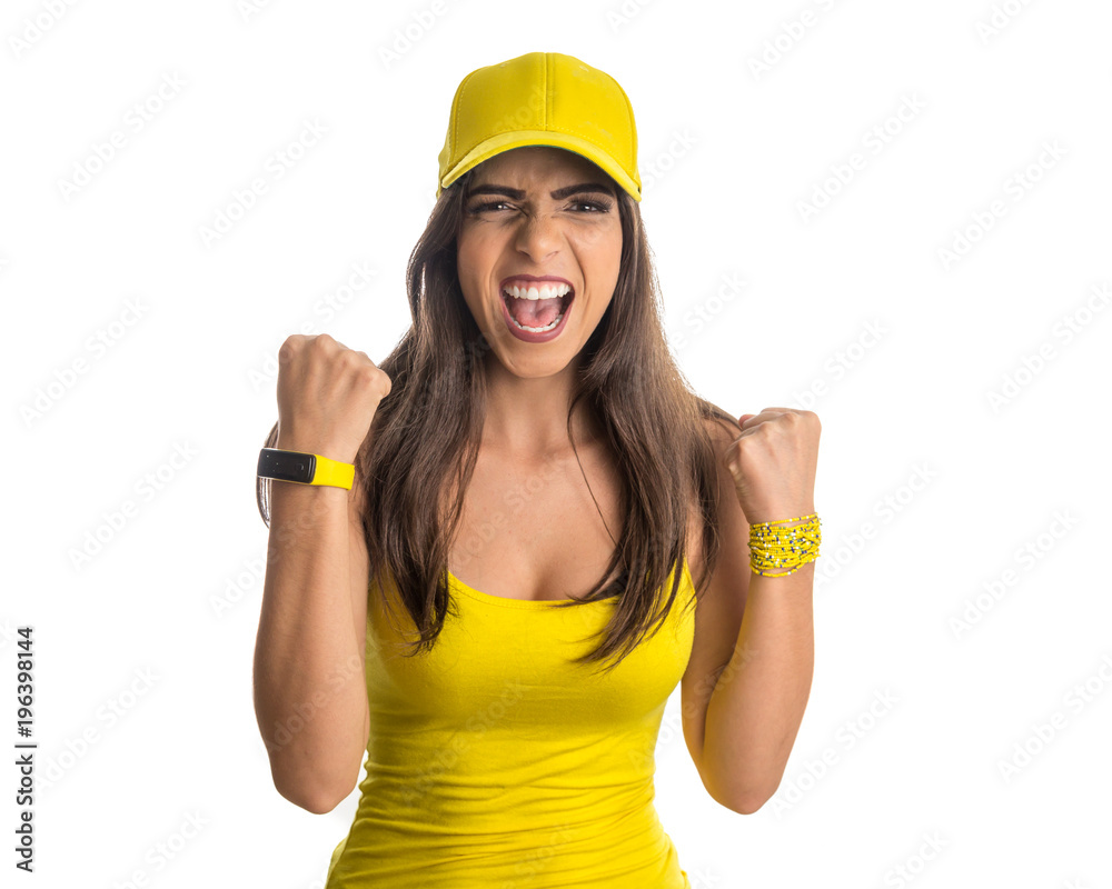 Brazilian woman fan celebrating on soccer match on white background. Brazilian woman fan celebrating on soccer match on white background.