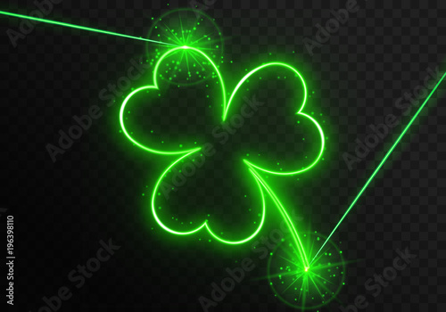 Neon clover leaf with green laser rays on a transparent background. Element for design on the traditional Irish holiday is the day of St. Patrick. Bright vector illustration with shiny particles