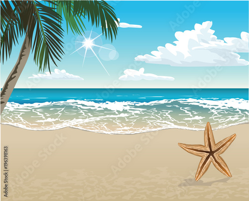 Vector tropical beach with a palm-tree and copy space