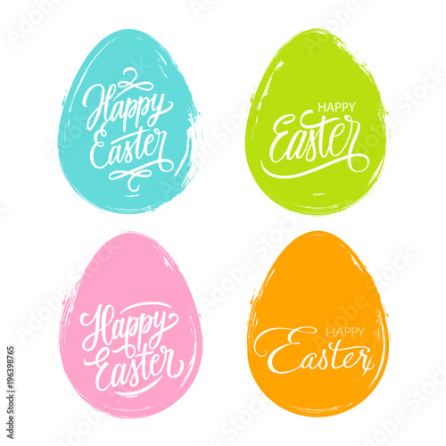 Set of color brush stroke easter eggs with handwritten wishes of a Happy Easter. Vector illustration.