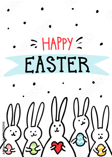 Funny bunny Easter Greeting card with white Easter rabbits. Illustration of c...